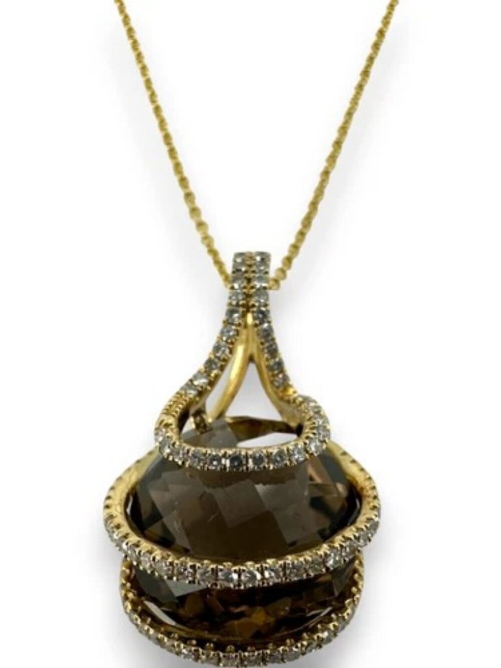 Effy Smokey Quartz and Diamond Drop Pendant Necklace Yellow Gold 14KT 585